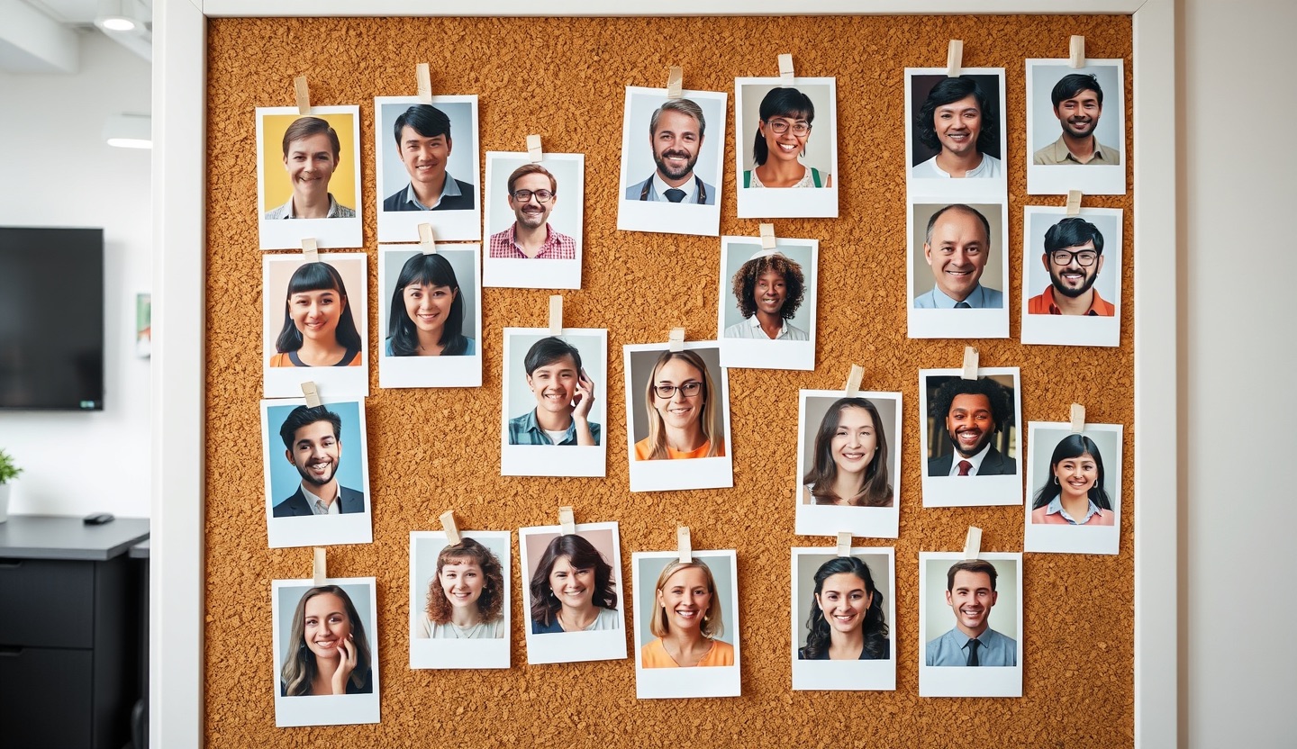 Un mur de portraits polaroïd de personnes souriantes, épinglés sur un tableau de liège